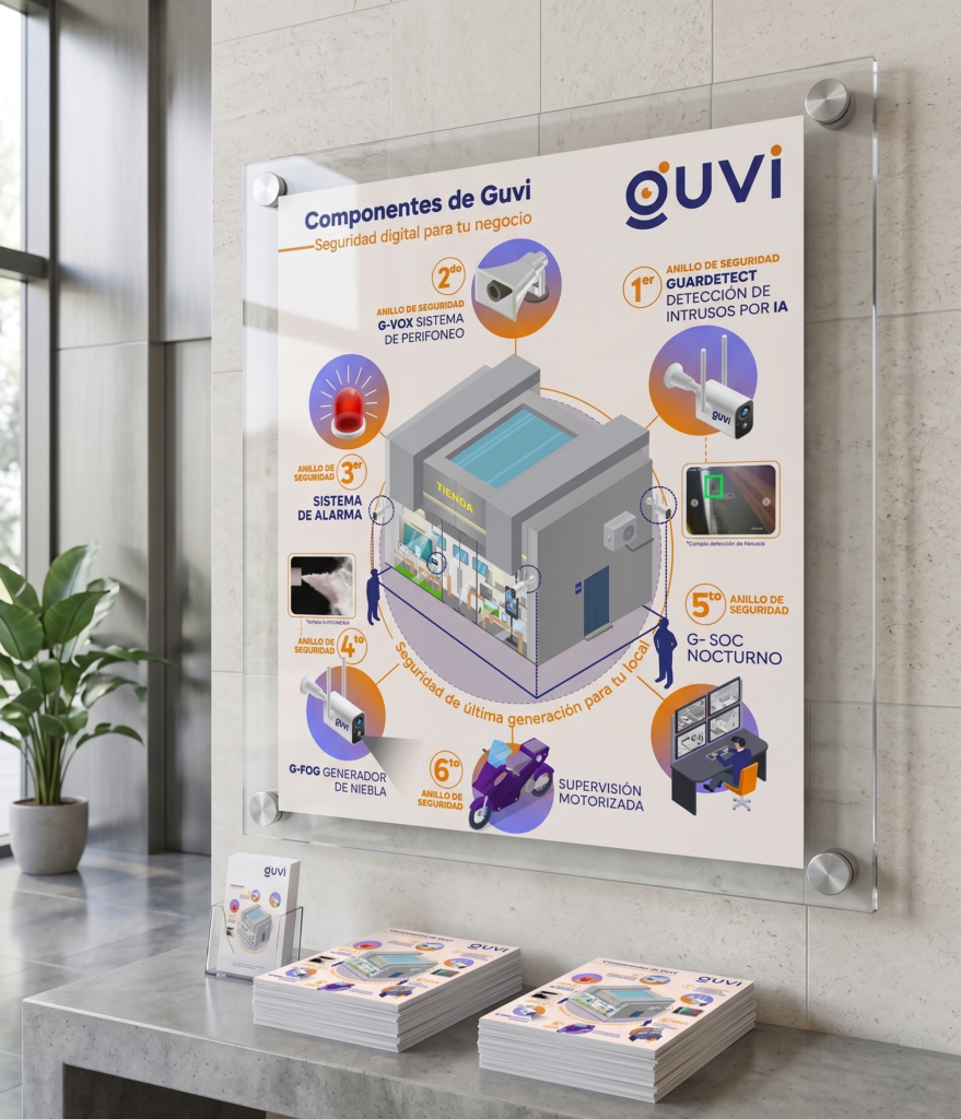 Diagrama técnico comercial del sistema de seguridad híbrida GUVI, detallando hardware de CCTV con IA, sistemas de audio, niebla antirrobo y central de monitoreo integrado.